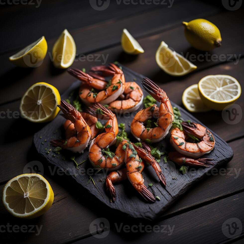 Grilled shrimp with herbs and lemon on a black slate photo