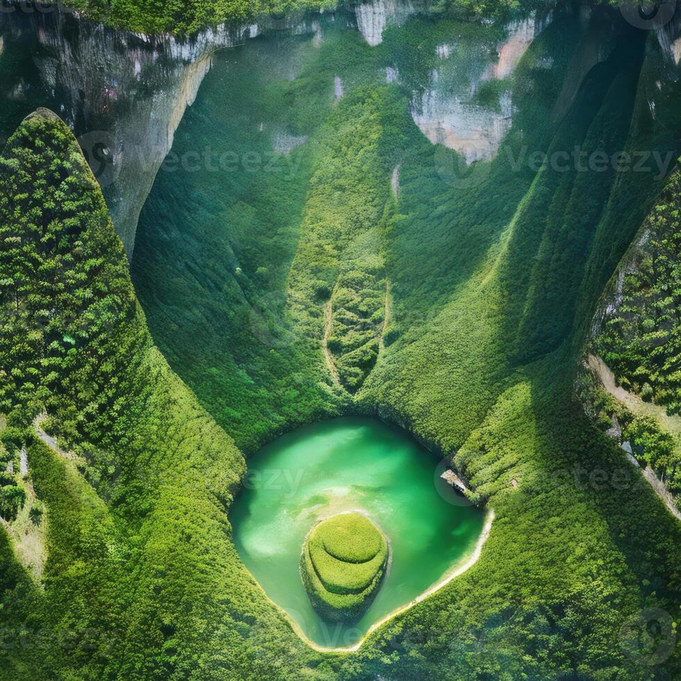 A green lake surrounded by mountains and trees photo