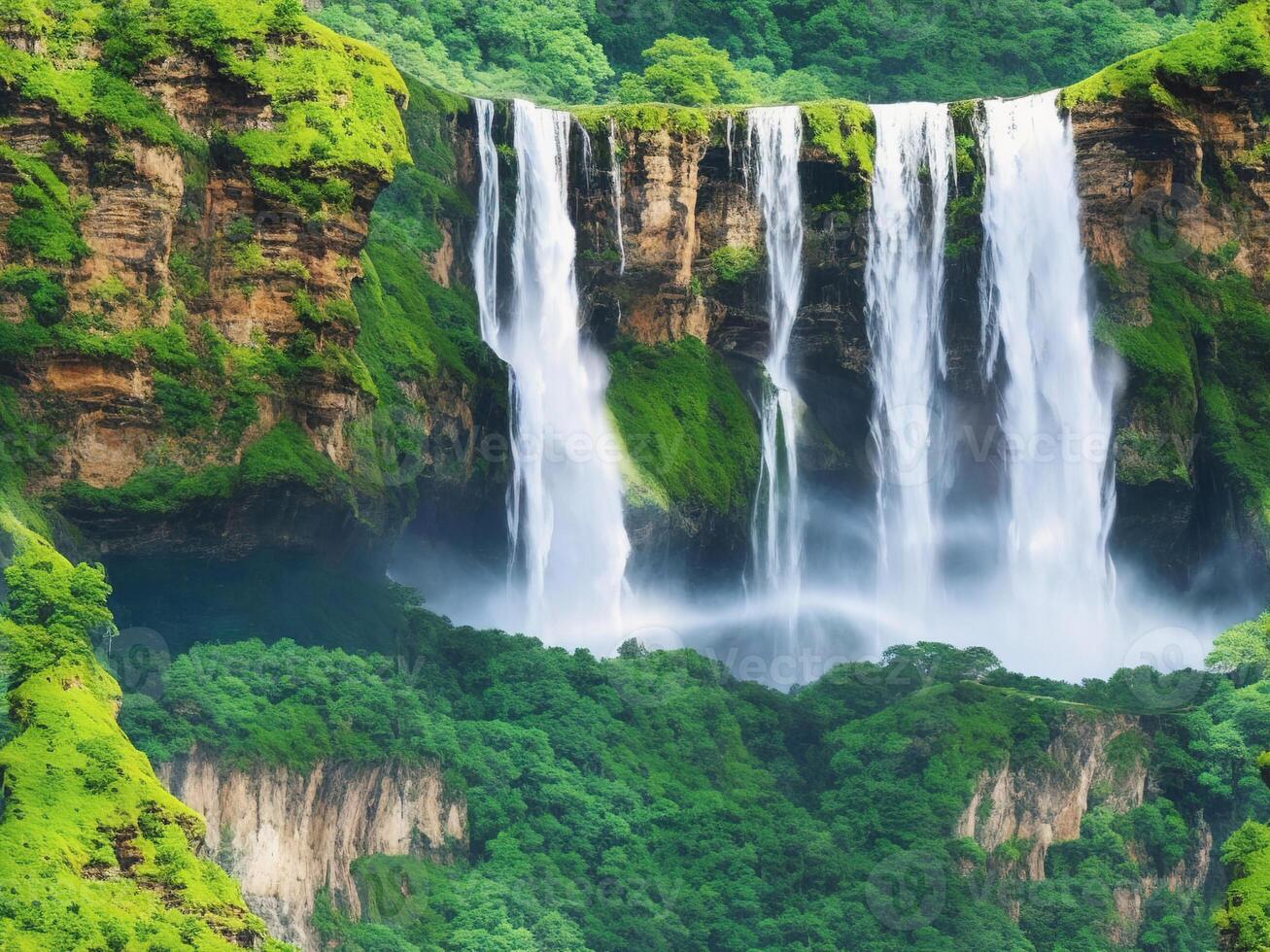 A waterfall is surrounded by lush green trees photo