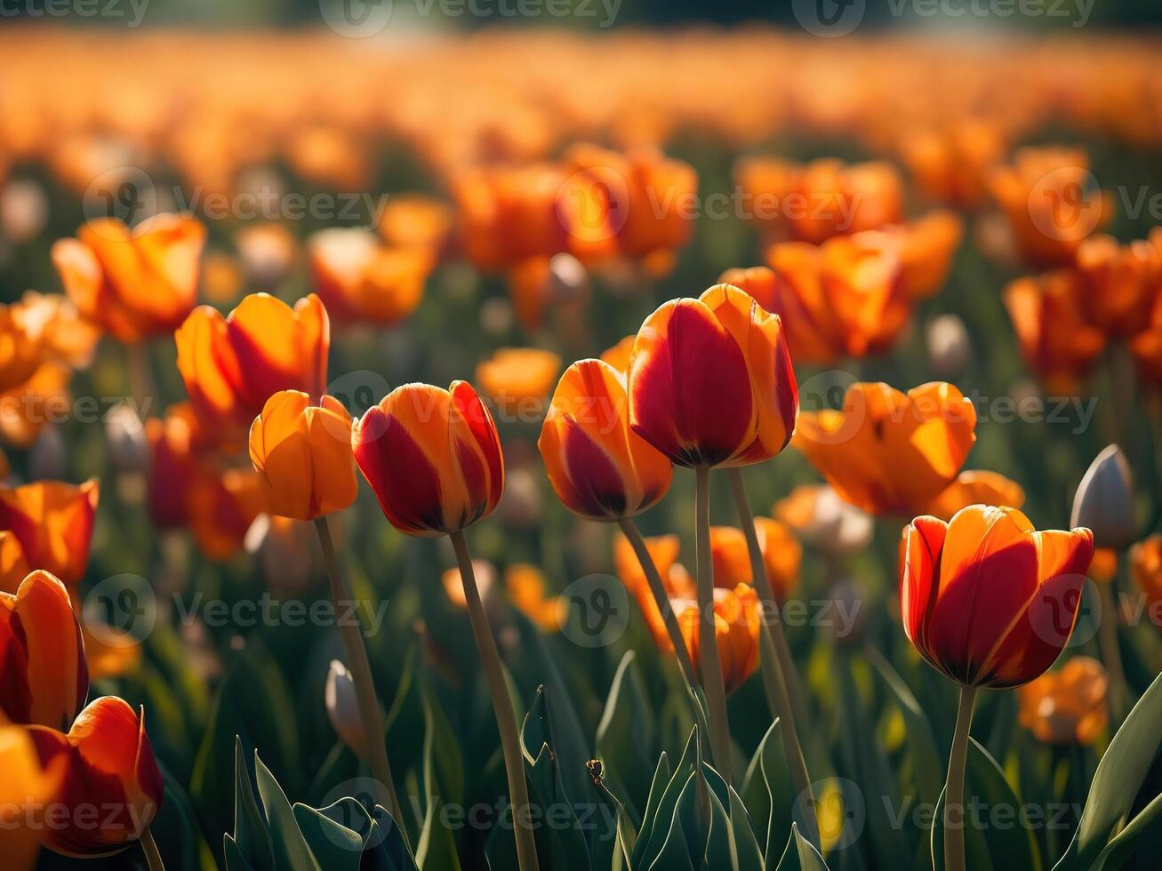 A field of orange and red tulips photo