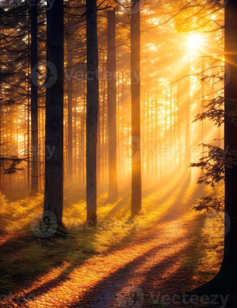 A path through a forest with sun shining through the trees photo