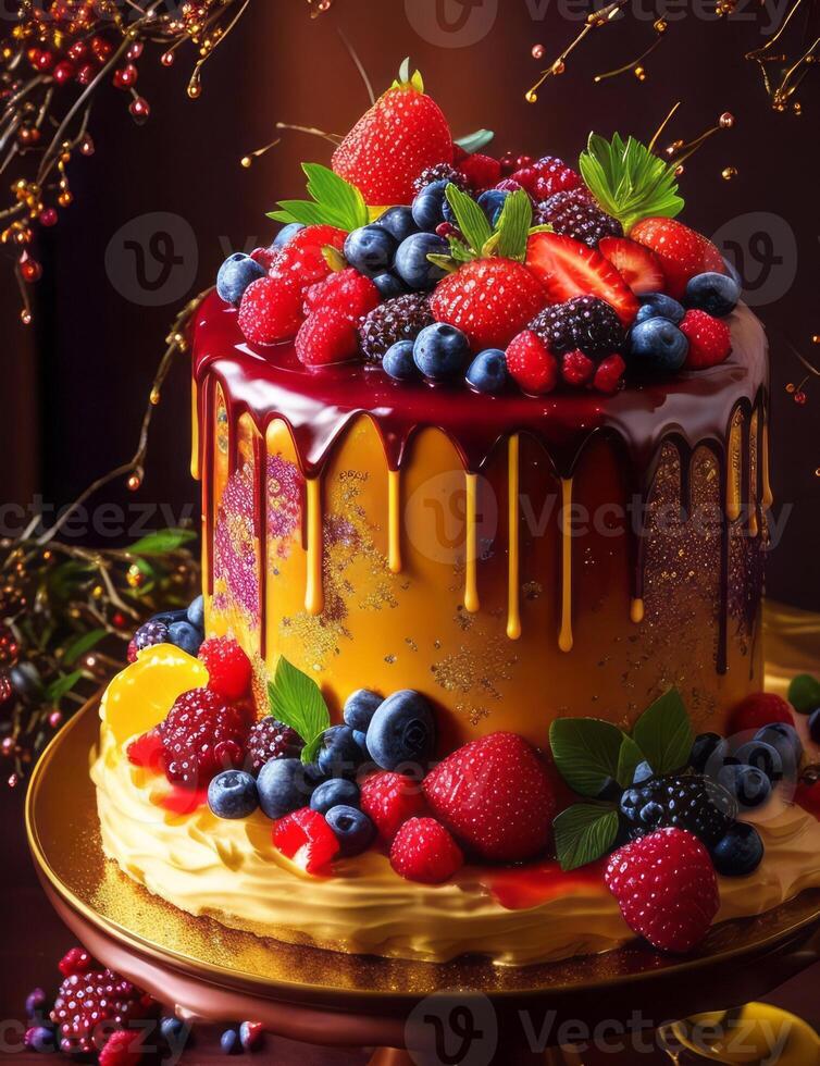 A cake with berries and syrup on top photo
