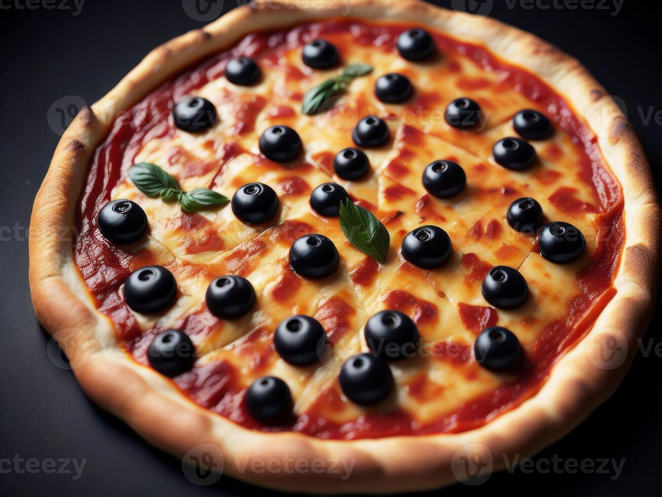 A pizza with olives and cheese on a black background photo