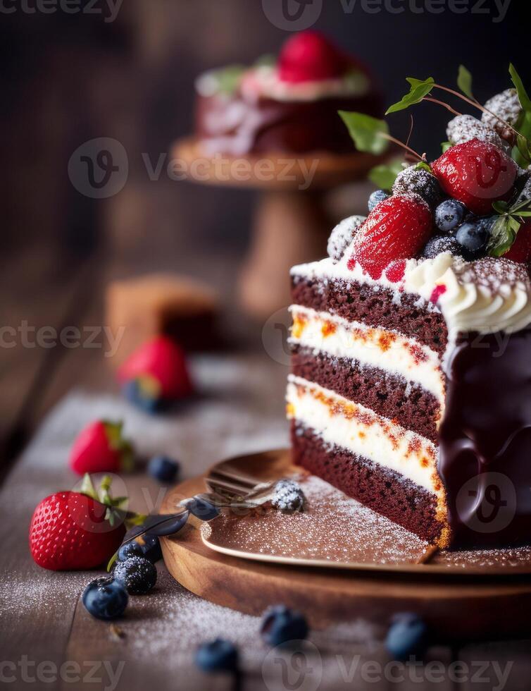 A slice of chocolate cake with berries and cream photo