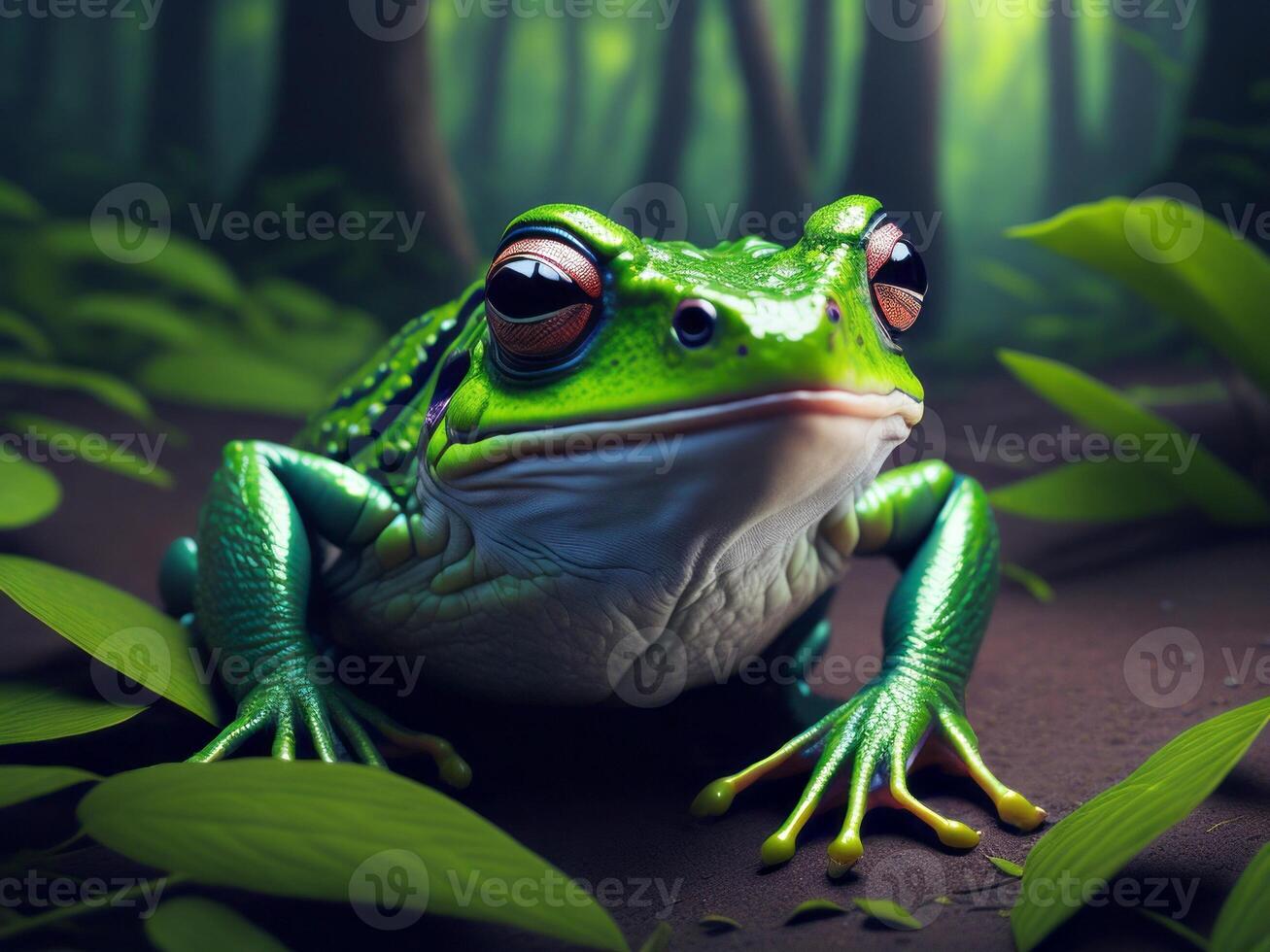 A frog sitting on the ground in the forest photo