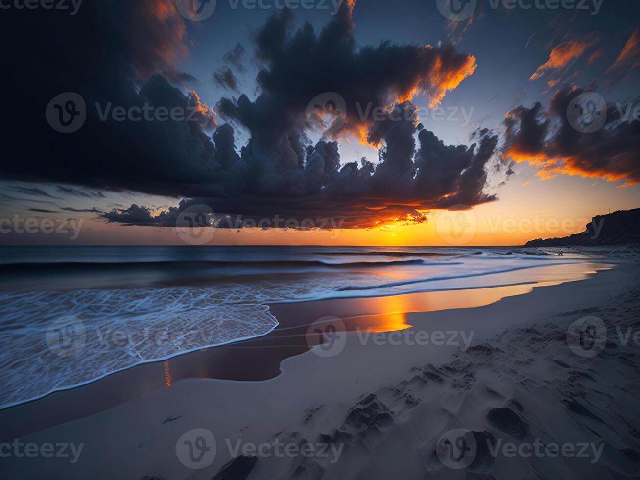 A sunset on a beach with waves and clouds photo