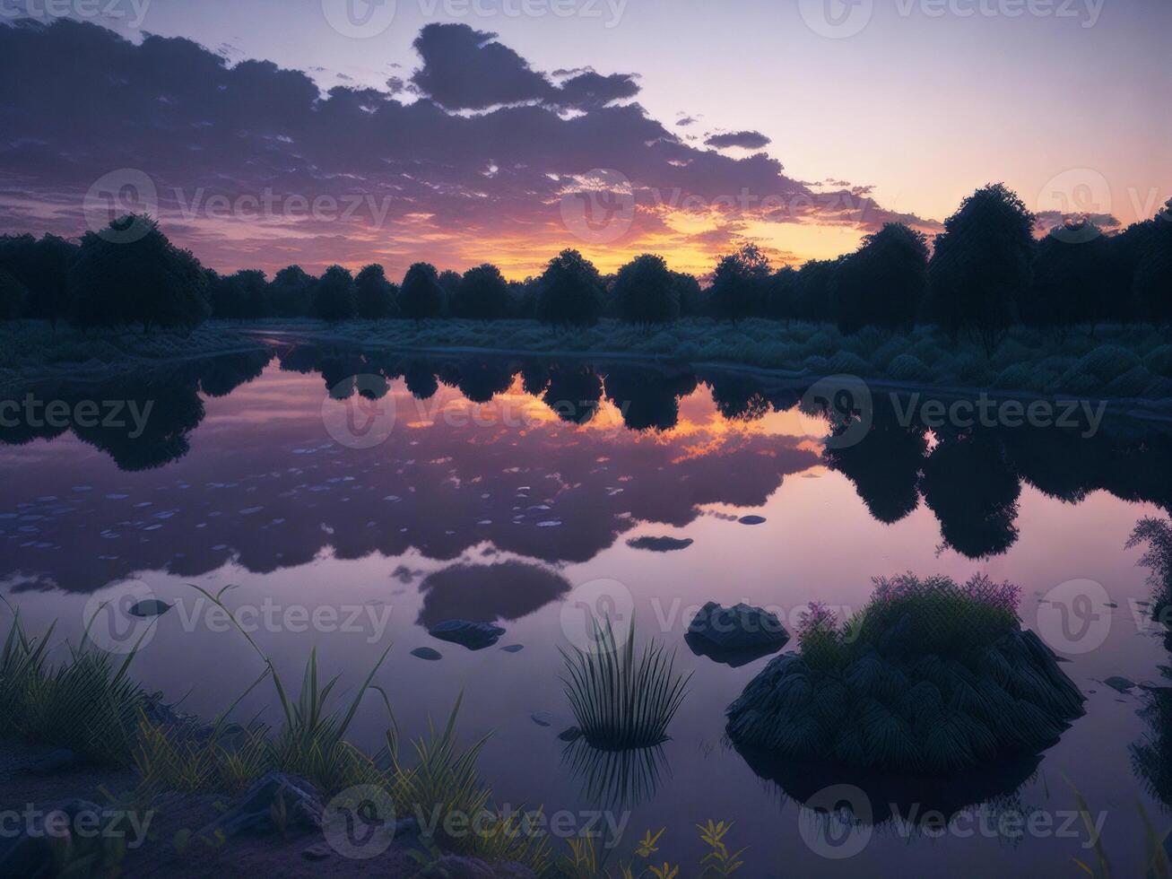 A sunset over a lake with grass and trees photo