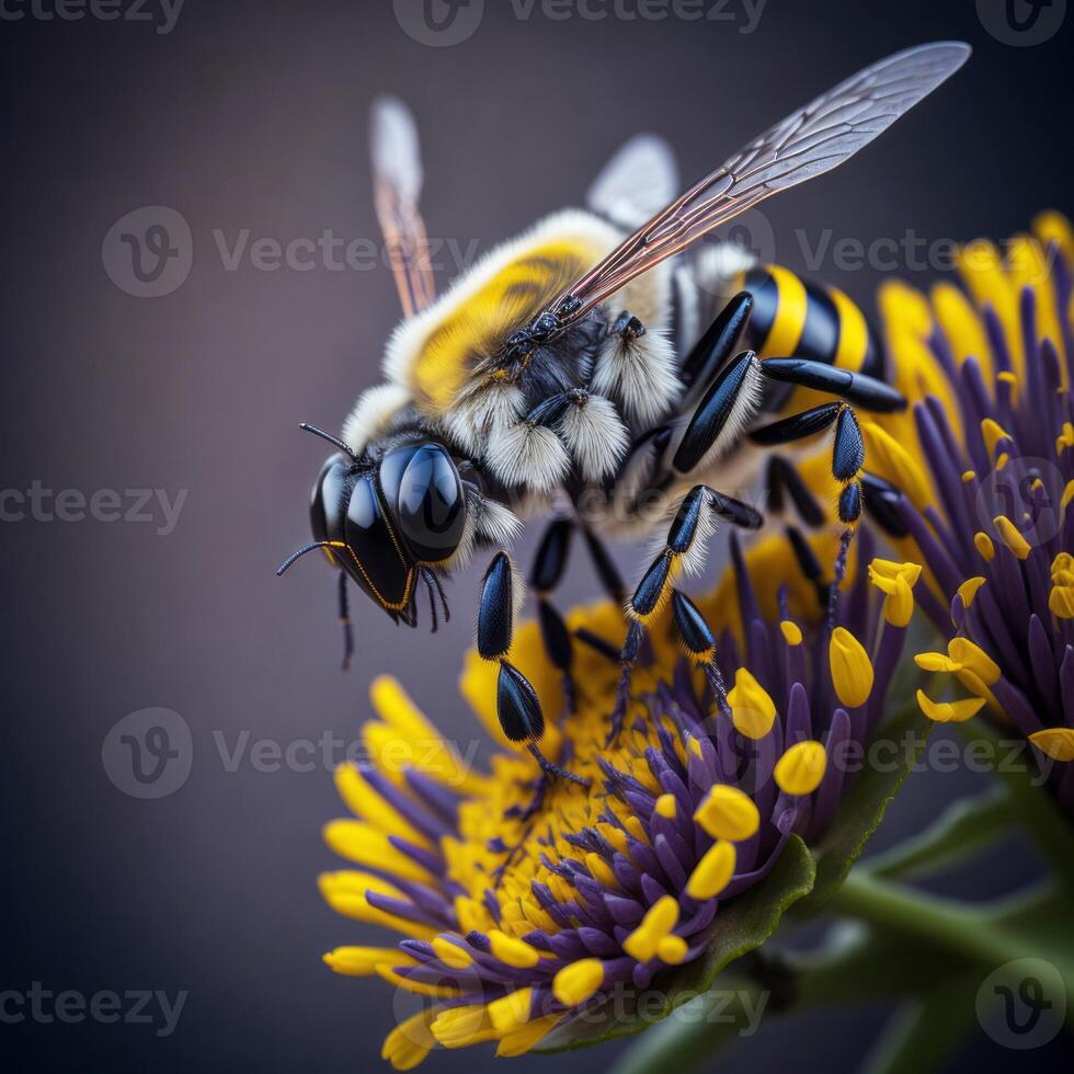A bee is sitting on a flower with yellow and black stripes photo