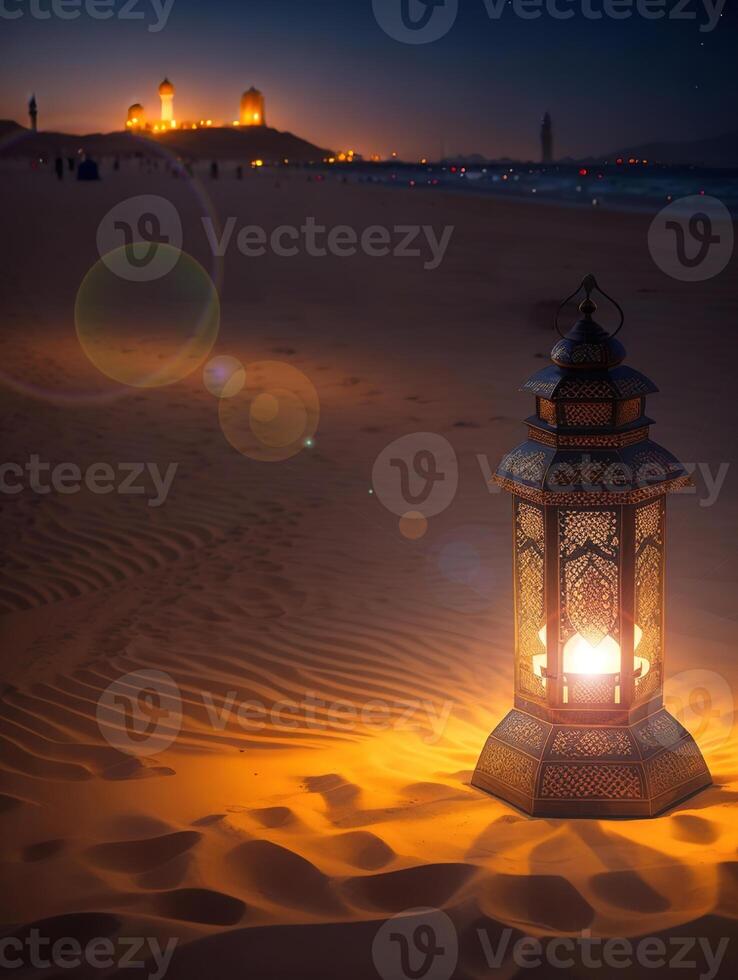 Lantern on the beach at night photo