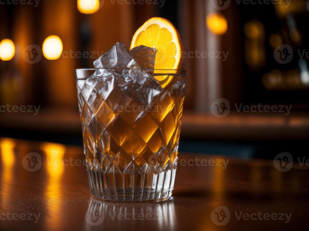 A glass of whiskey with an orange slice on top photo