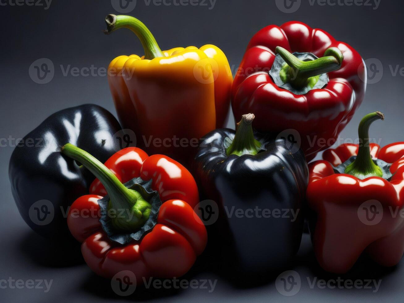 A group of red, yellow, green and black peppers photo