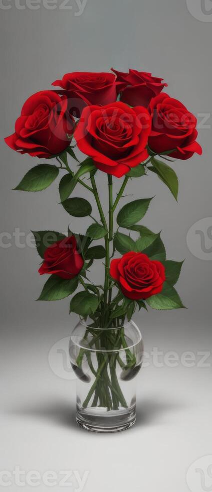 Red roses in a vase on a table photo
