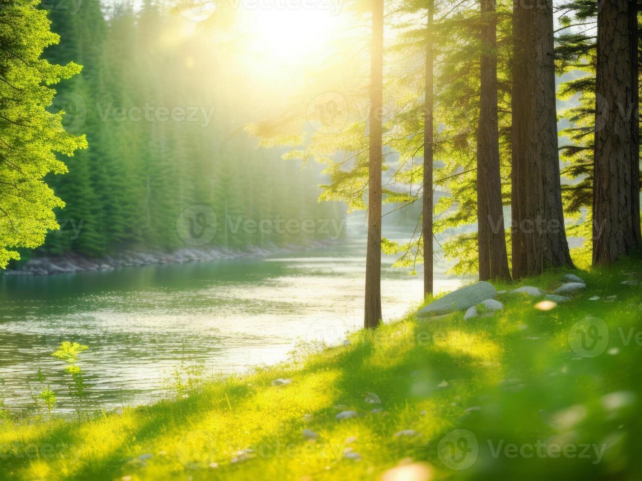 A river in the forest with trees and grass photo
