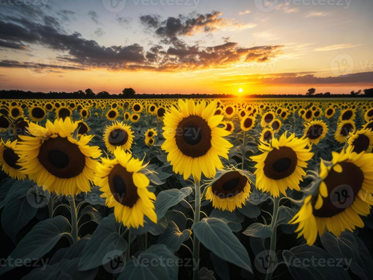 Sunflowers in a field at sunset photo