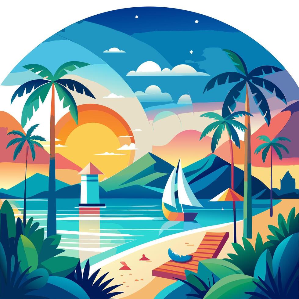 Tropical landscape with palm trees and a sailboat vector