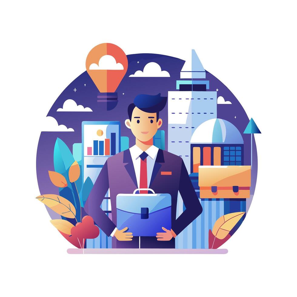 Businessman with briefcase and cityscape background vector