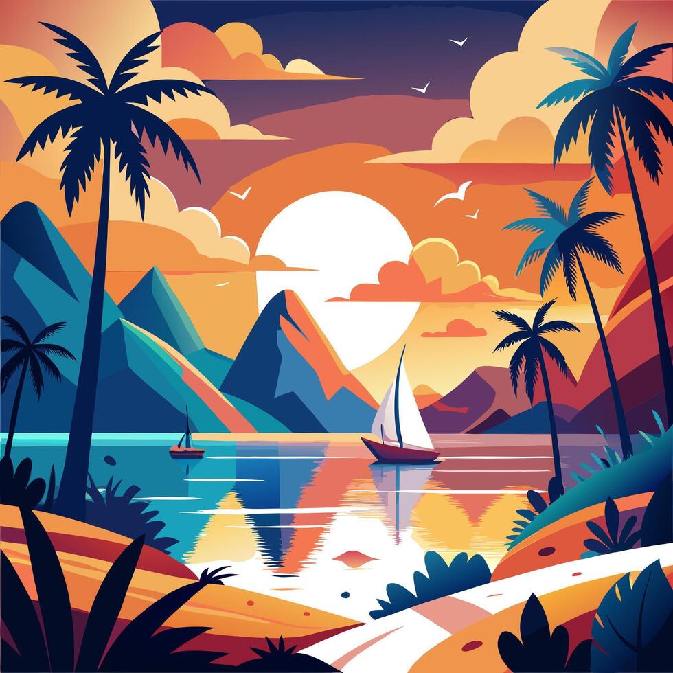 Tropical landscape with palm trees and a sailboat vector