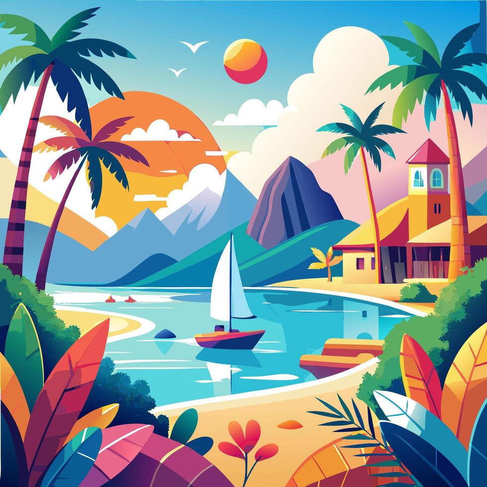 Tropical landscape with palm trees and a sailboat vector