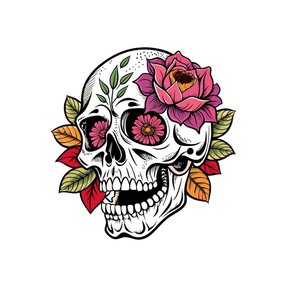 A skull with flowers and leaves vector