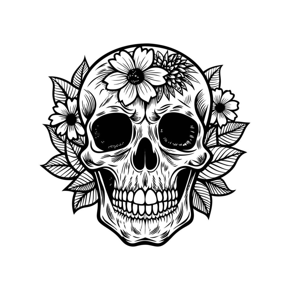 Skull with flowers and leaves illustration vector