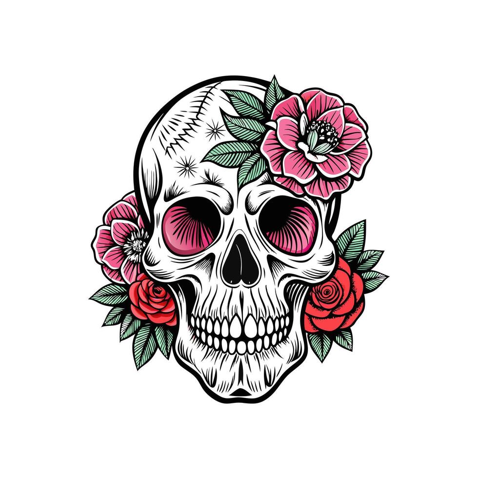 Skull with roses and flowers vector