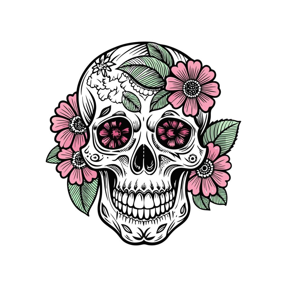 A skull with pink flowers on it vector