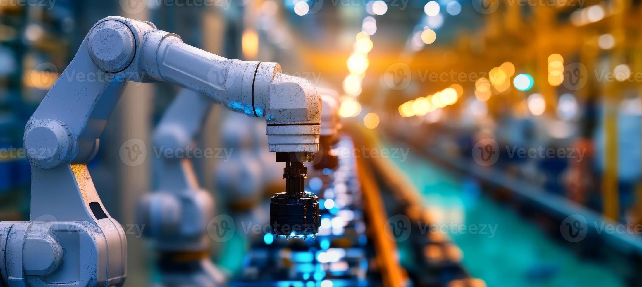 Industrial Robot Arms Working on Automated Production Line in Modern Factory. Focus On Robot arm photo