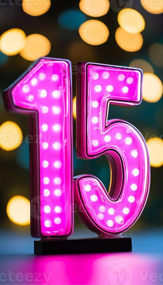 Luminous Number 15 With Led Lights Against Defocused Glowing Background For Birthday Or Anniversary photo