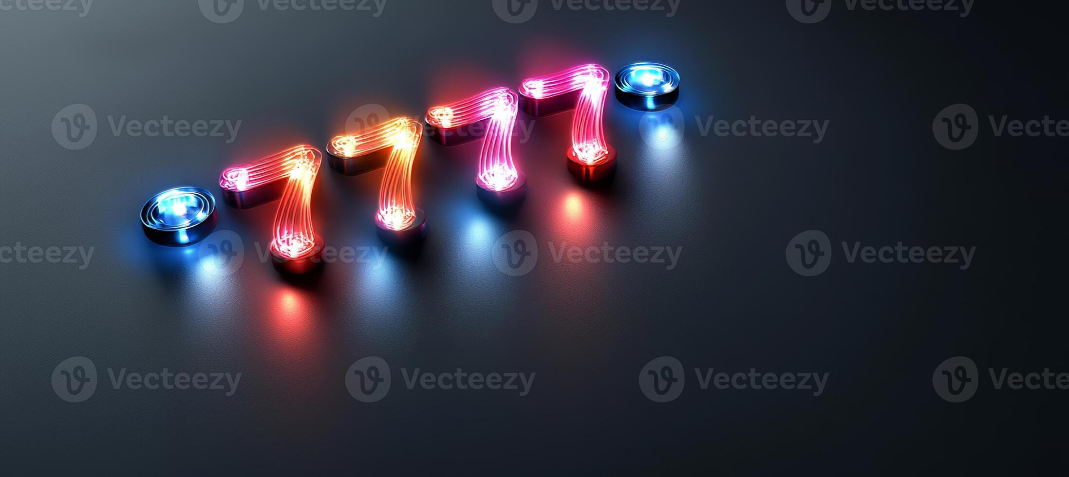 Glowing Neon 77777 Jackpot Digits with Light Trails, 3D render Illustration on Dark Background photo