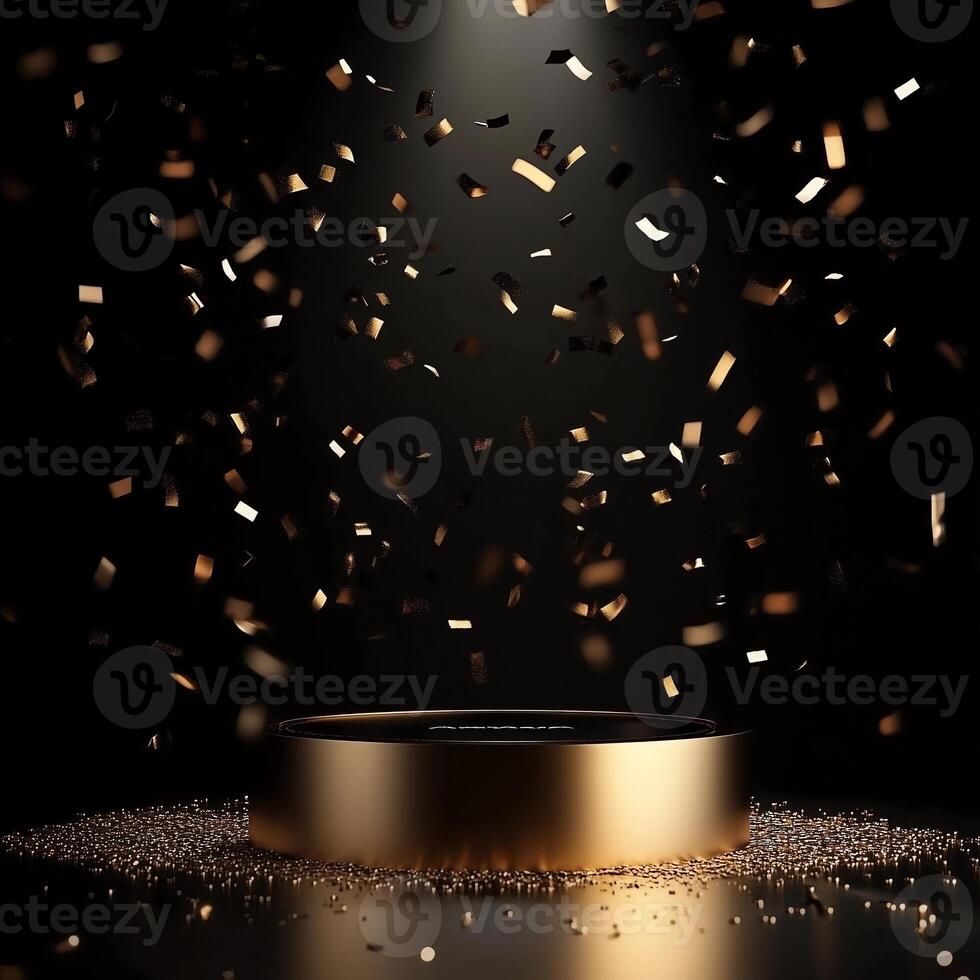 Black background with golden podium and glittering golden confetti. For product display, advertising banners, promotions and presentations. Elegant and stylish design for premium events photo