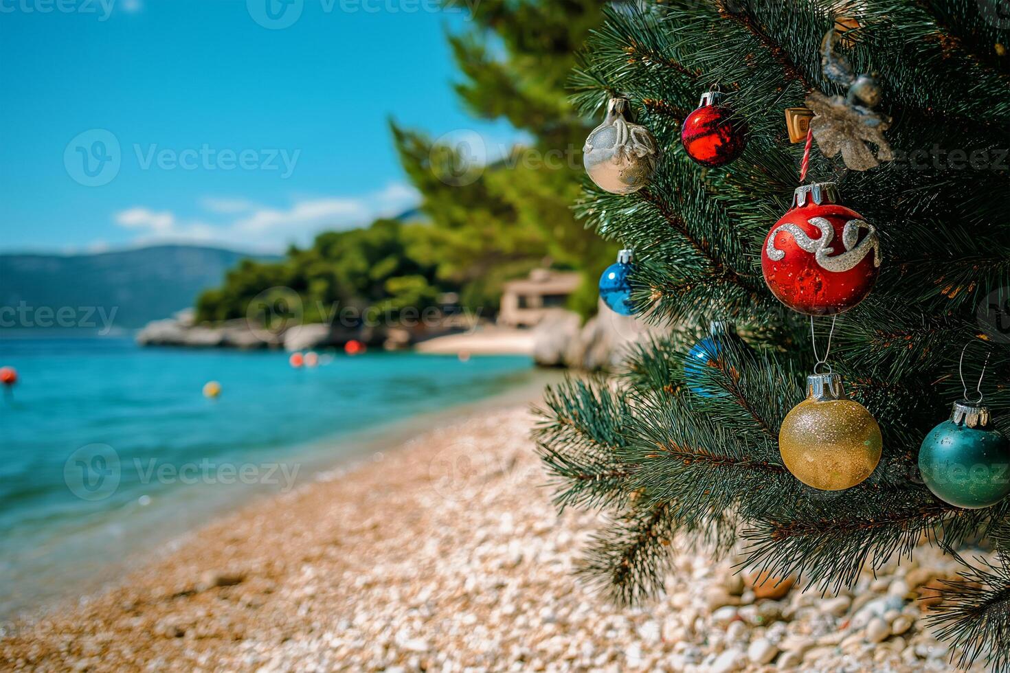 Festive Beachside Christmas Tree Decorations with Shimmering Baubles and a Scenic Coastal Backdrop photo