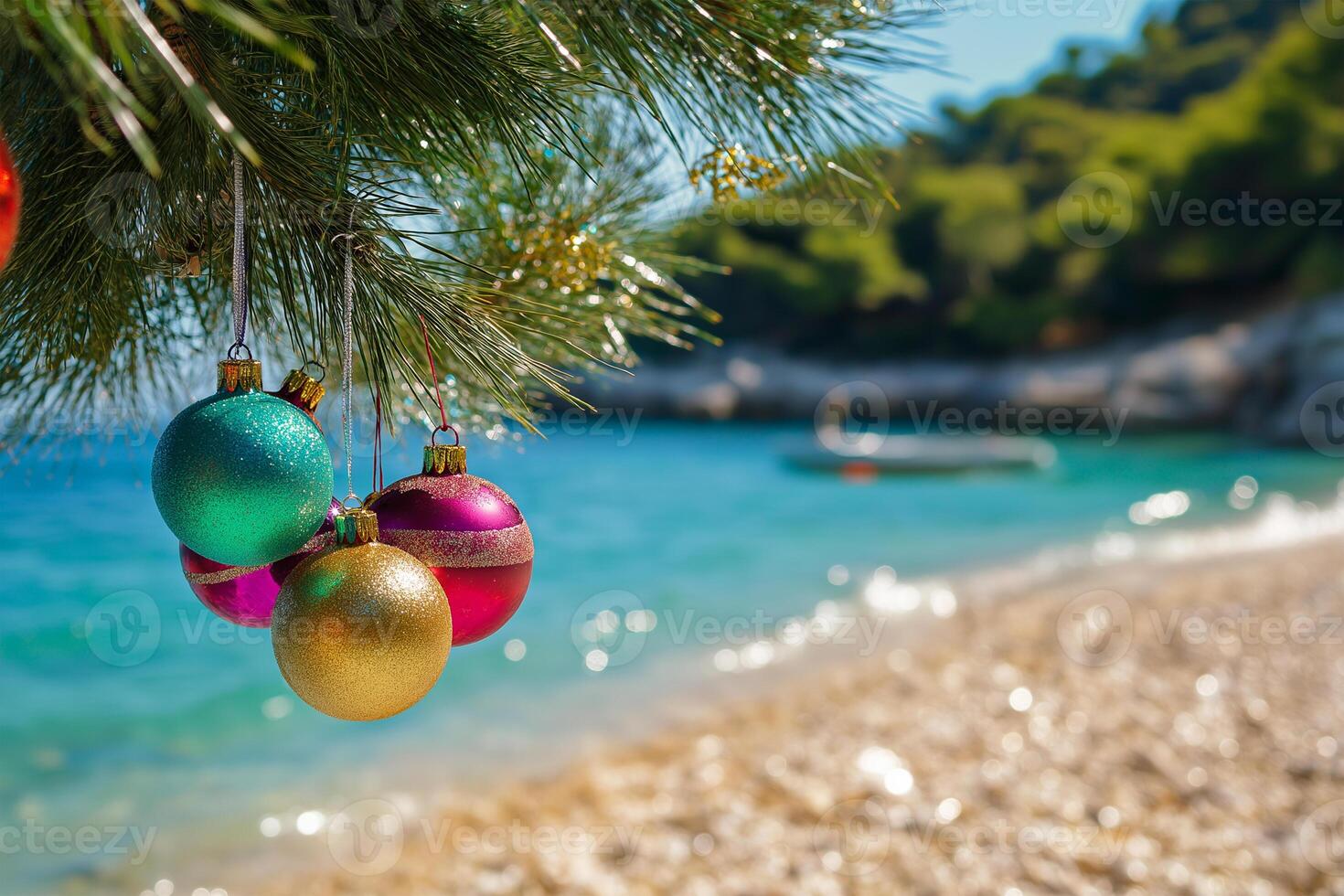 Holiday Themed Baubles Adorning a Pine Branch with a Stunning Ocean View in the Background photo
