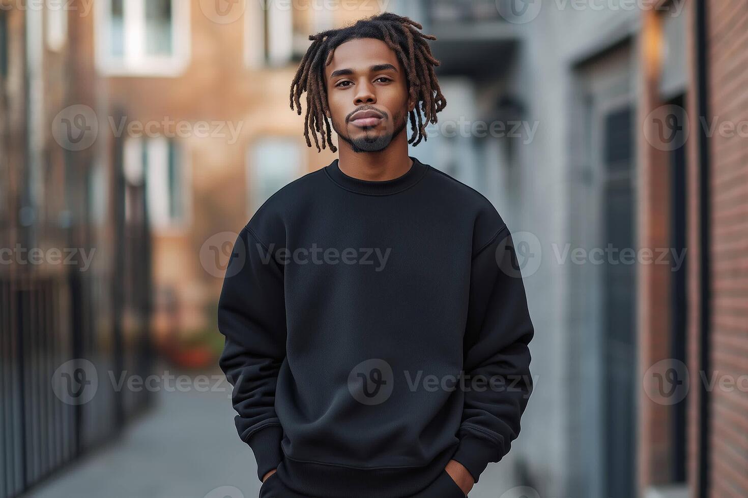 Black sweatshirt mockup on young Black man with dreadlocks photo
