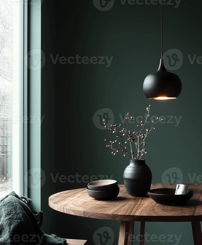Dining room with forest green walls and walnut dining table photo