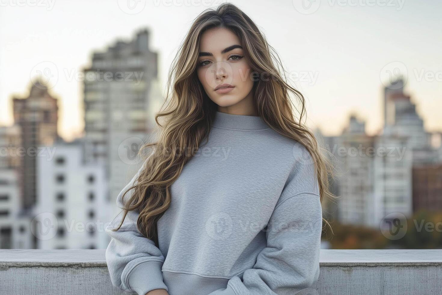 Grey sweatshirt mockup on Latina woman with long wavy hair photo