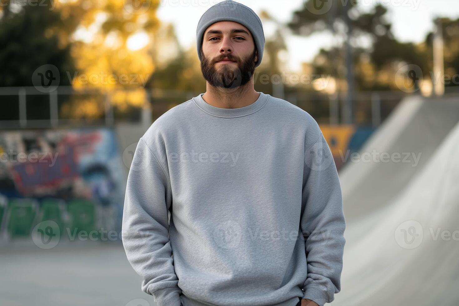 Grey sweatshirt mockup on Latino man with a beard photo