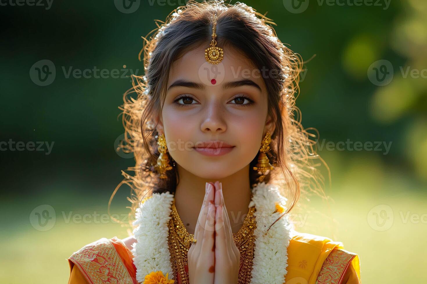 Indian girl in traditional dress performing namaste gesture photo