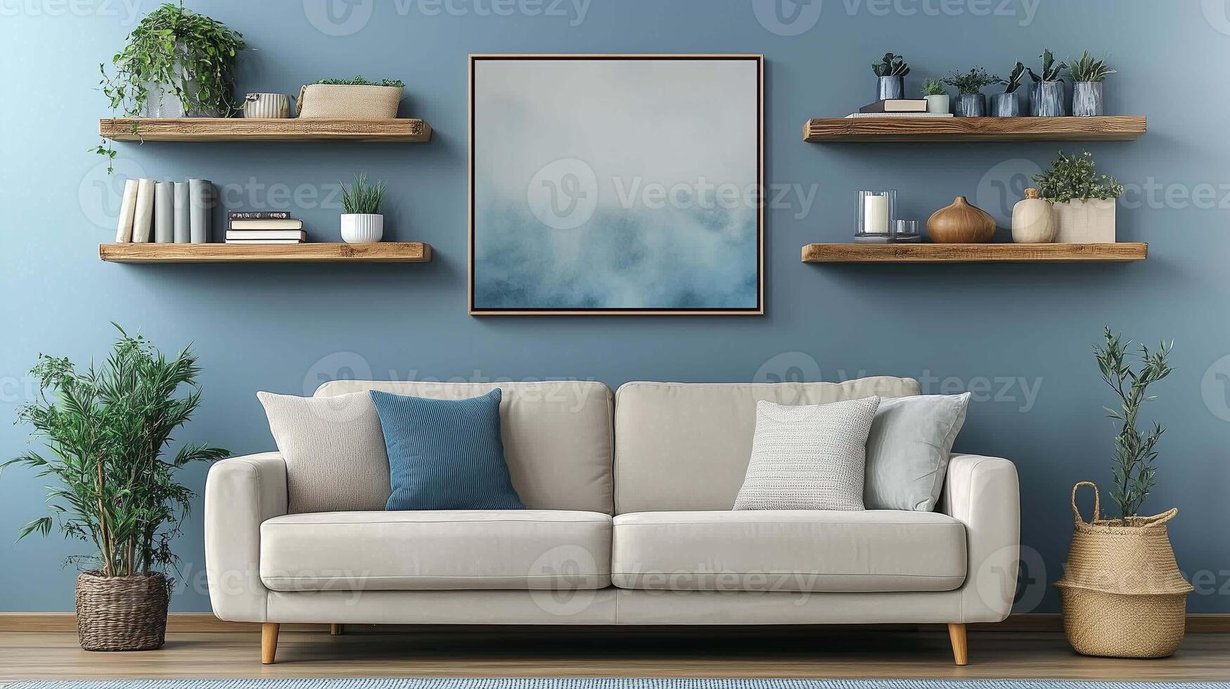 Floating shelves with framed art, minimalist Scandinavian style photo