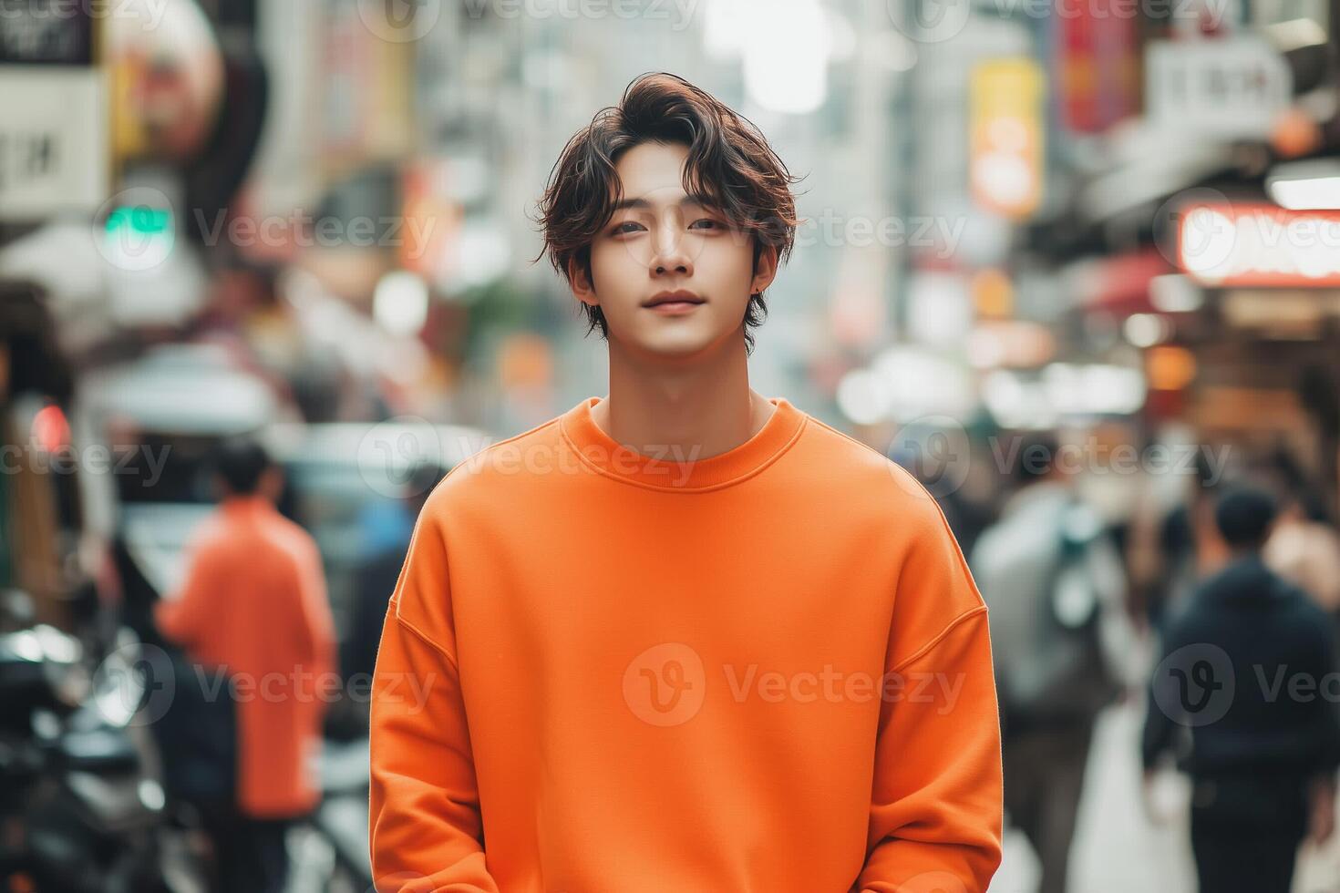 Orange sweatshirt mockup on Asian man with messy hair photo