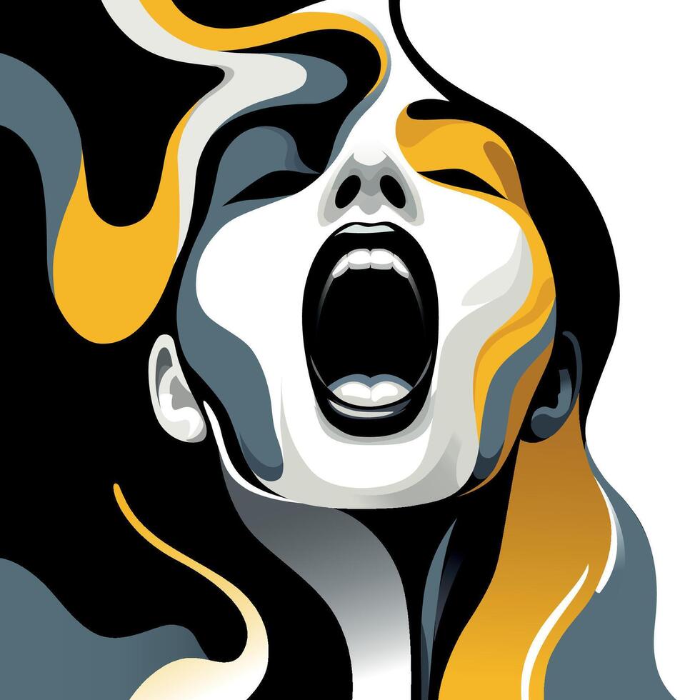 Isolated, abstract, curvy shapes, screaming woman face design. vector