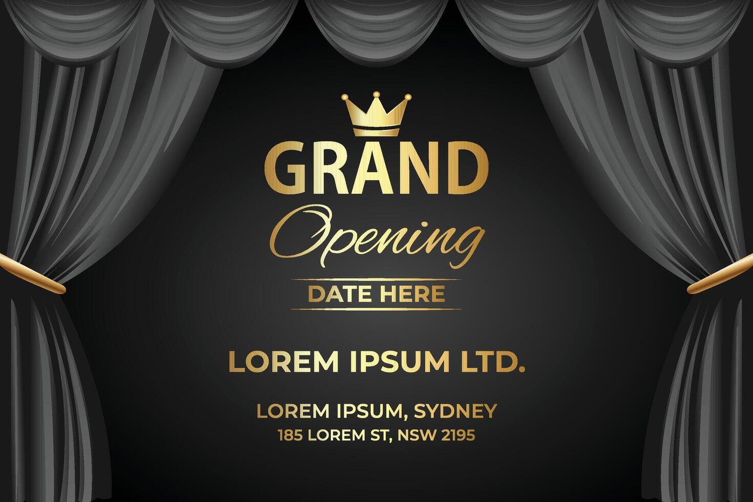 Elegant Grand Opening Banner with Grey Curtain and Gold Text for Business Events. vector