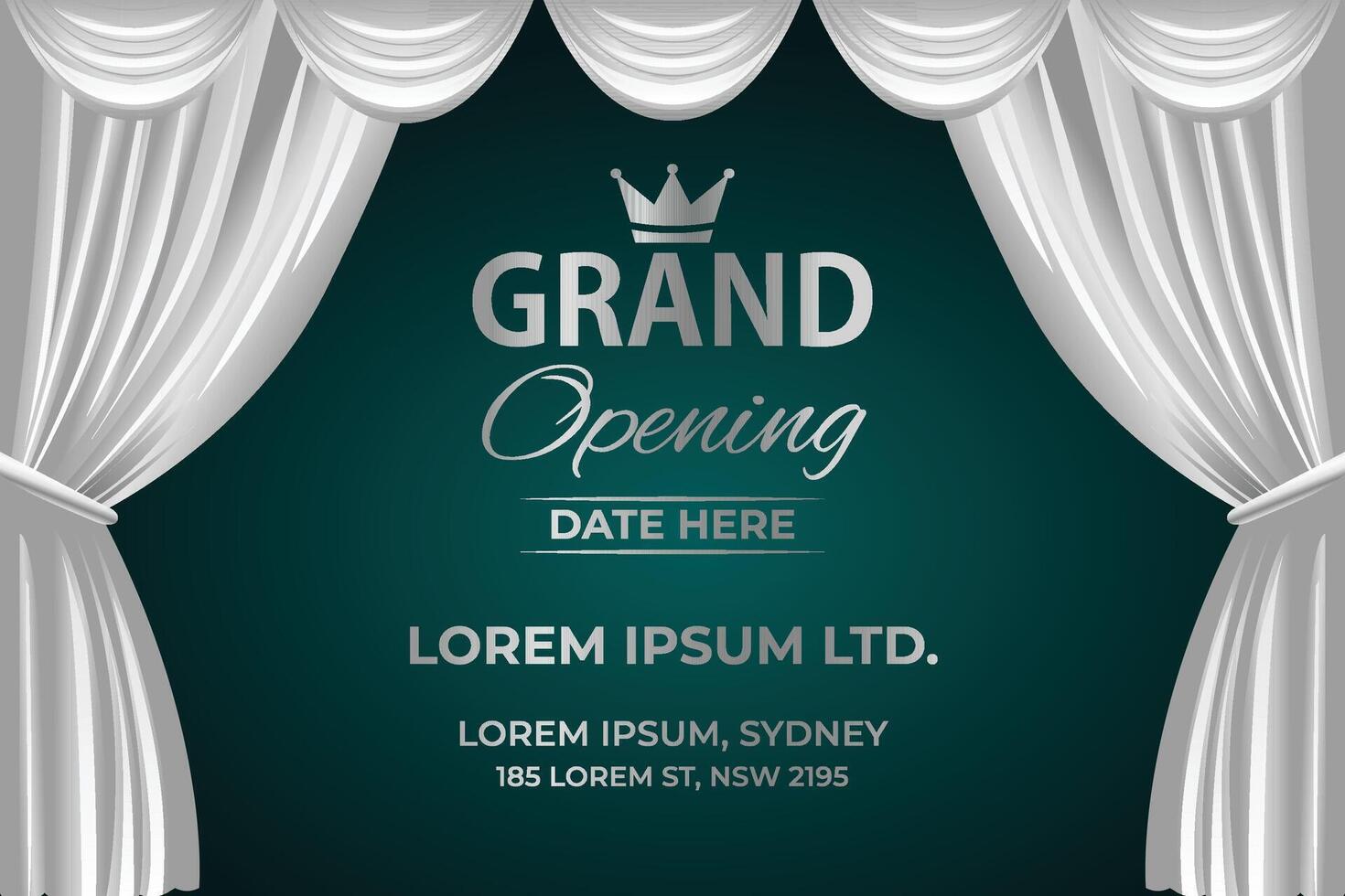 Elegant Grand Opening Banner with white Curtain and Gold Text for Business Events. vector