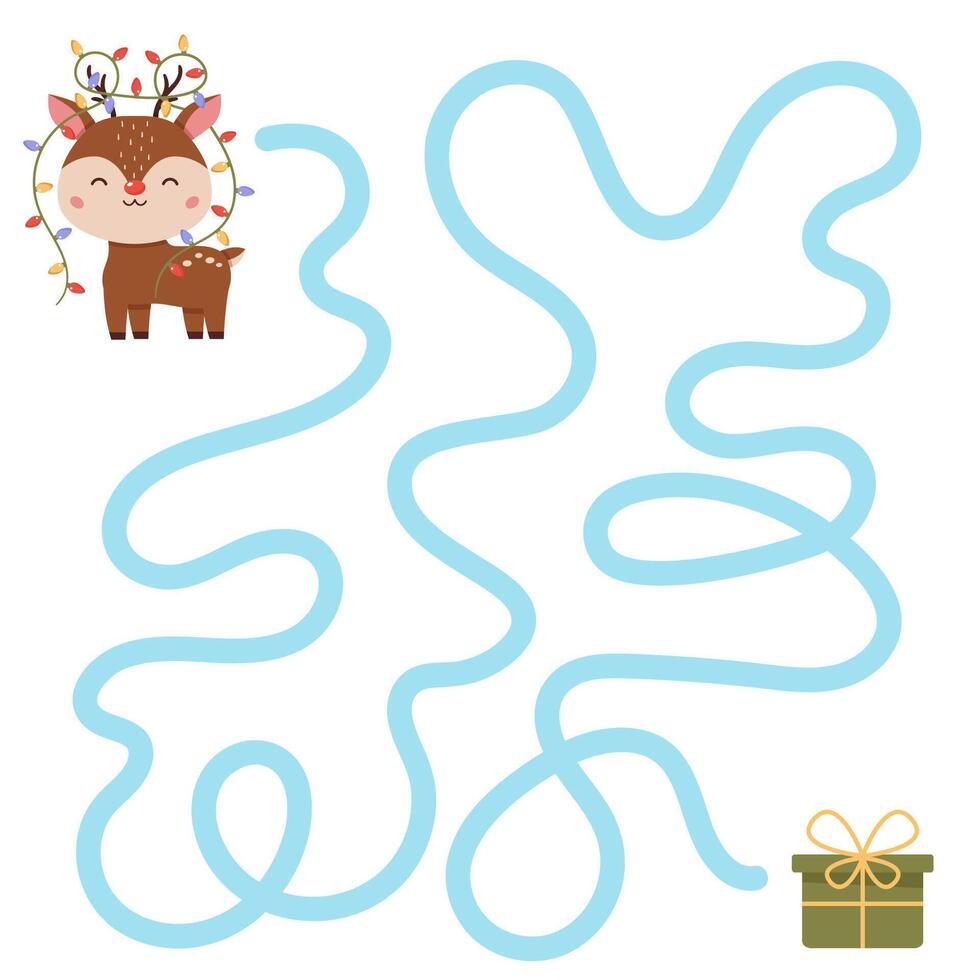 Maze game for kids. Help the reindeer find Christmas gift. Activity worksheet with labyrinth. vector