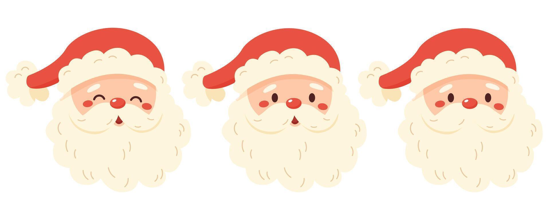 Set of Santa Claus heads with different emotions. Christmas and New Year theme. Kawaii cartoon character on white background. vector