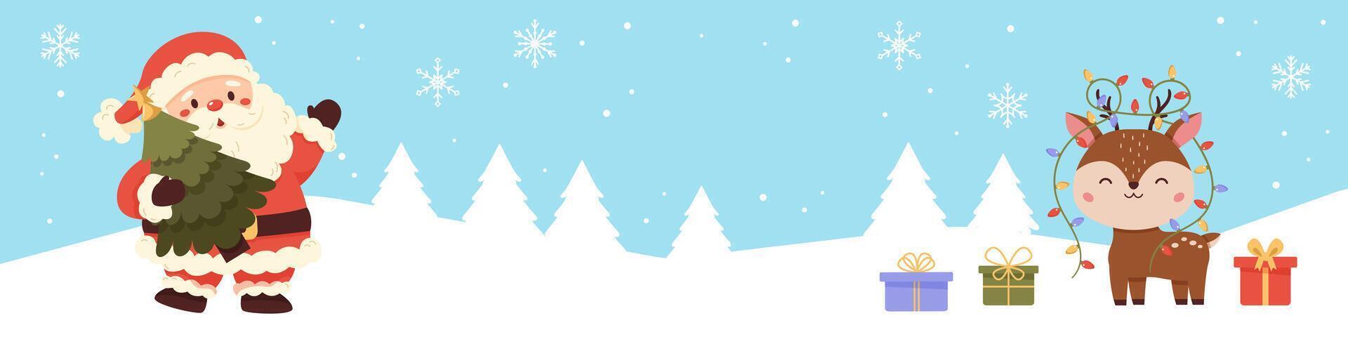 Banner with cute Santa Claus, Christmas tree, lights, reindeer and gifts. Snowy forest with snowflakes. vector