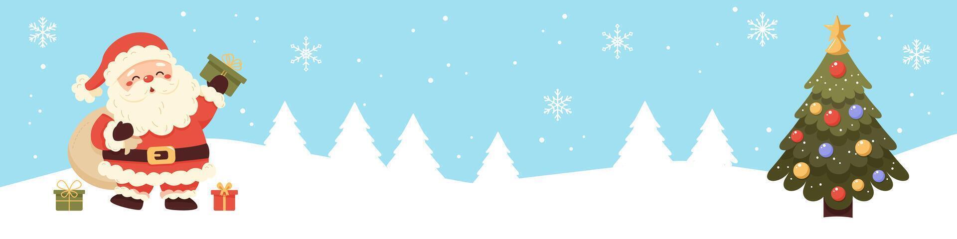 Banner with cute Santa Claus, gifts and Christmas tree. Snowy forest background with snowflakes. Kawaii cartoon character. vector
