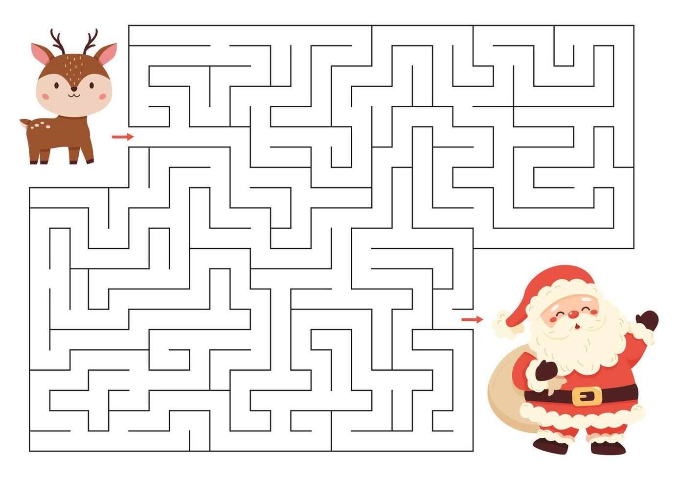 Christmas labyrinth with cute reindeer and Santa Claus. Educational maze puzzle. Activity worksheet with cute characters. vector