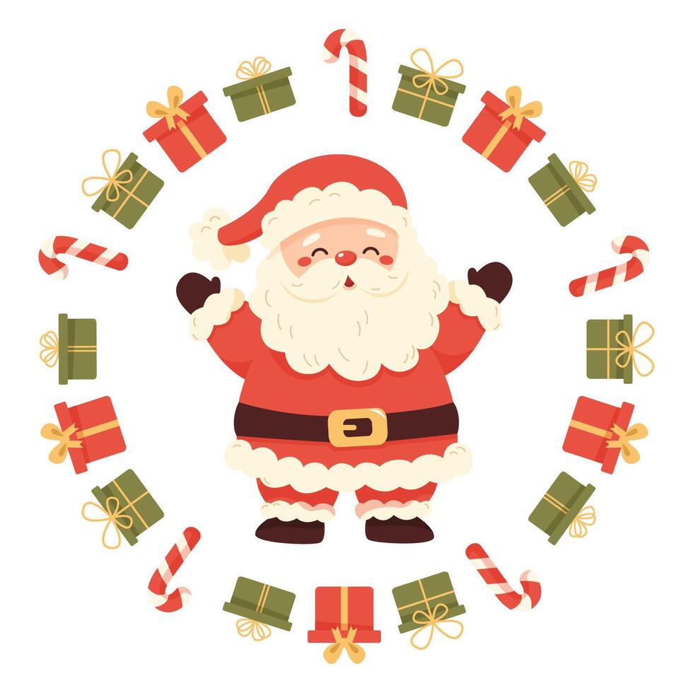 Cute Santa Claus in red suit, surrounded by gifts and candy canes in a circular frame on white background. Christmas illustration. vector