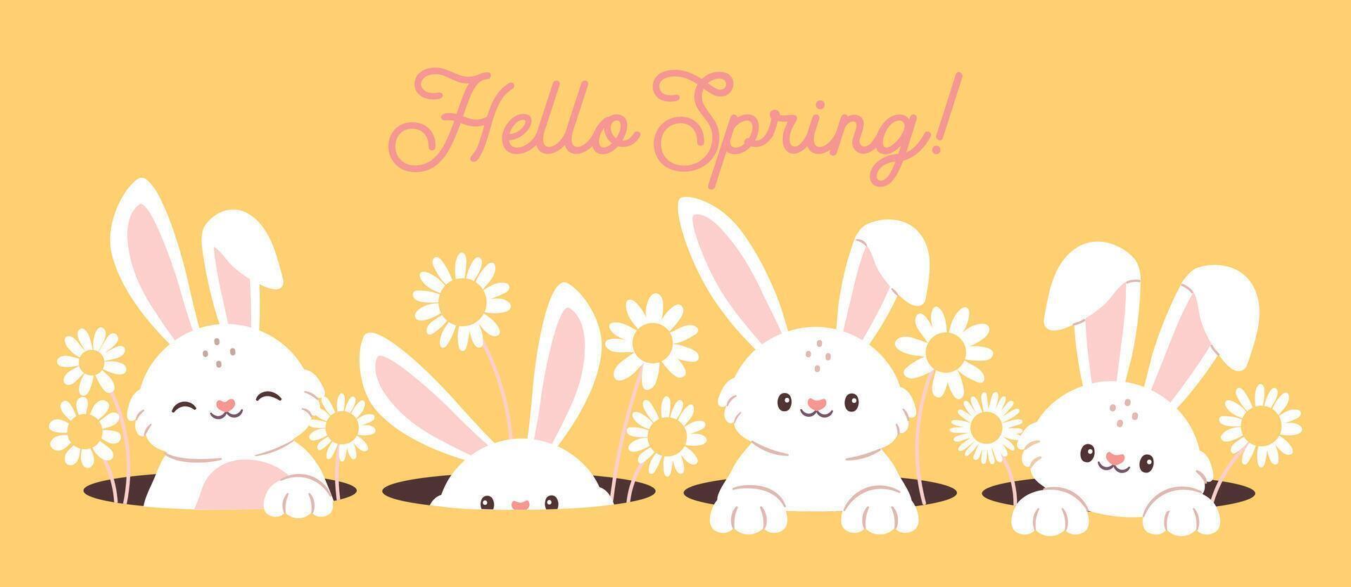 Easter rabbits. Cute spring bunny in hole with flowers. Cartoon cute pet animals with ears and paws seeking. Holiday Easter hunter, catch white bunnies. banner vector