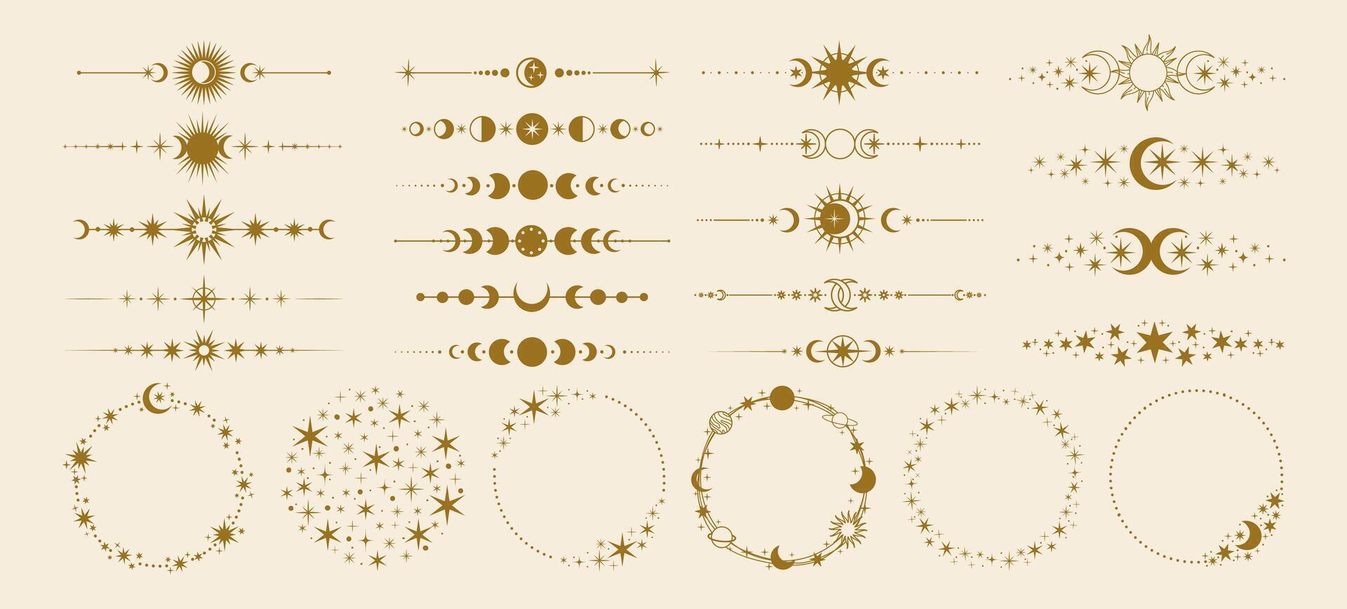 Celestial dividers. Decorative sun and moon border. Magic text decor divider and frame with astrology mystical stars, moon phase, shining sun. Fantasy elements vector
